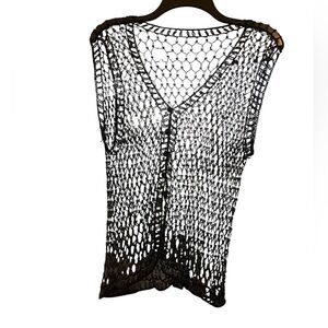 Sexy Vintage 90s Black Beaded Crochet Net Vest Top - Layering Piece